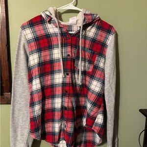 No Boundaries Red and Blue Plaid Shirt with Gray Hood